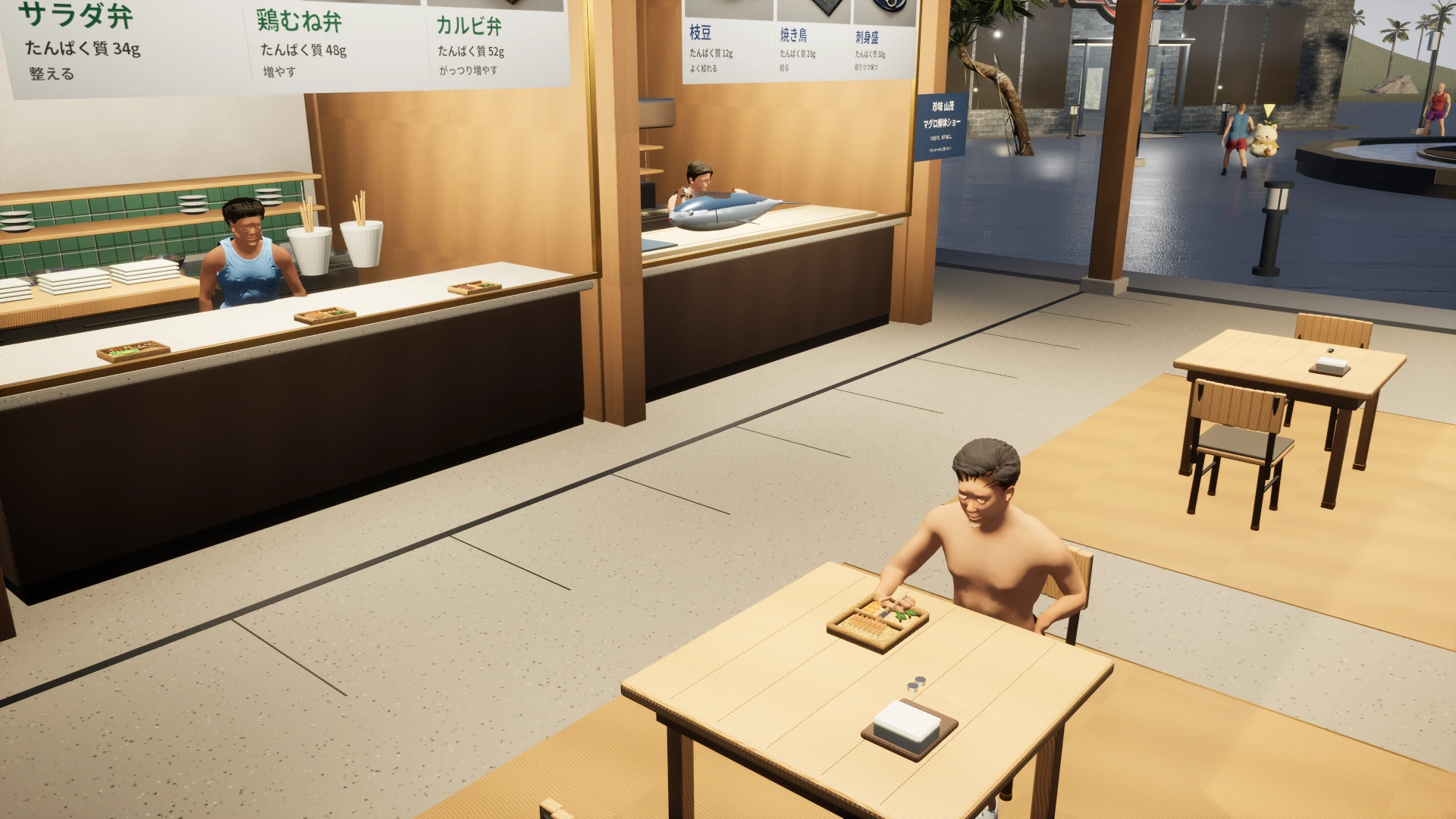 フードコートで弁当を食べるプレイヤー。カウンターにたんぱく質量の書かれたメニューが並ぶ
