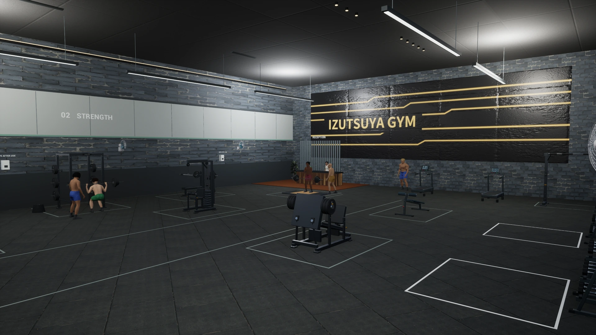 IZUTSUYA GYM の店内。マシンが並び、複数のキャラクターがトレーニングしている