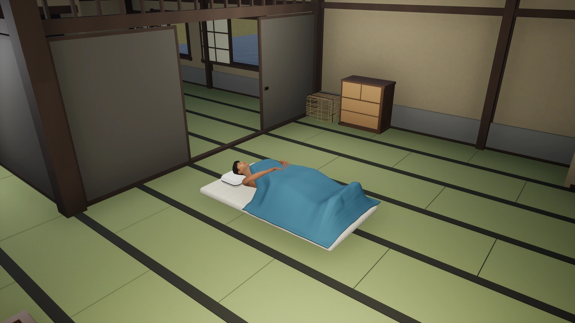 畳の部屋の布団で眠るプレイヤー